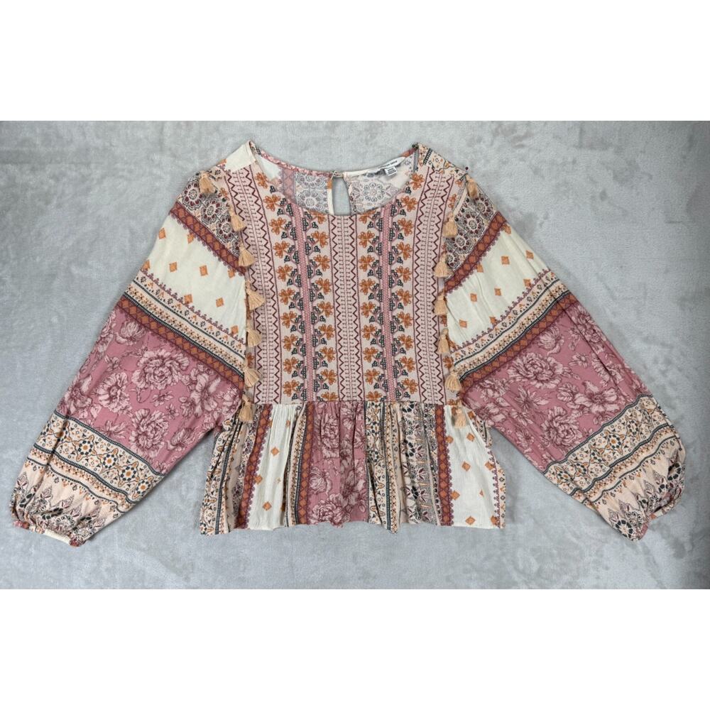 American Eagle Boho Peplum Top Small Dolman Sleeve Tassel Embroidered 100% Visco - Picture 1 of 10